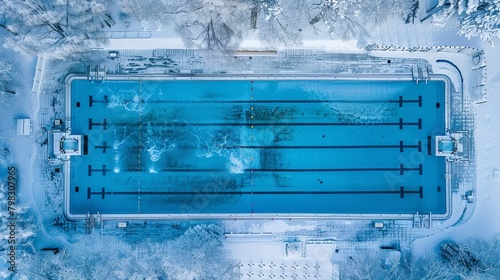 An aerial view of an underwater discharge nozzle filtration system in a blue-lined swimming pool, set low for winter preparation
