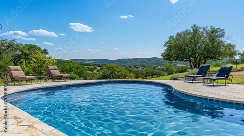 An empty swimming pool with blue water and open patio chairs set against a green Texas Hill country background under a clear sky  capturing a tranquil day