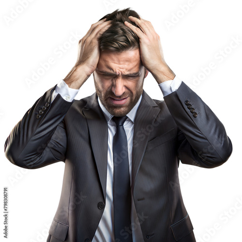 Frustrated businessman on transparent background holding his head in despair