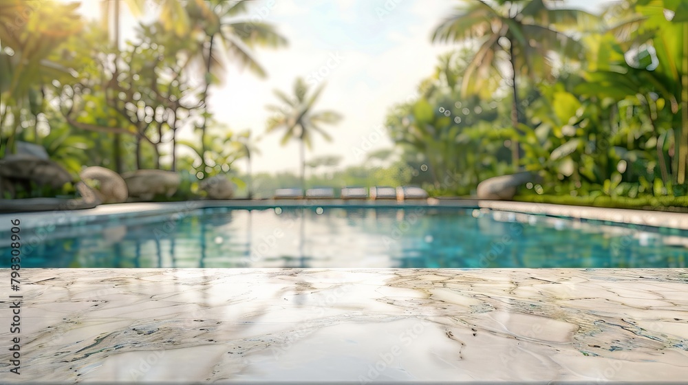 An empty white marble stone table top with a blurred background of a swimming pool in a tropical resort during summer, ideal for displaying or montaging products An empty white marble stone table top with a blurred background of a swimming pool in a tropical resort during summer, ideal for displaying or montaging products