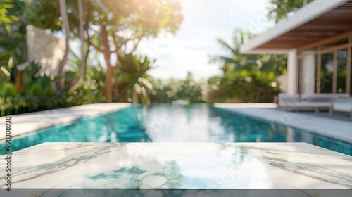An empty white marble stone table top with a blurred background of a swimming pool in a tropical resort during summer, ideal for displaying or montaging products © Orxan