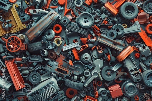 floating disassembled car parts in organized chaos 3d rendering