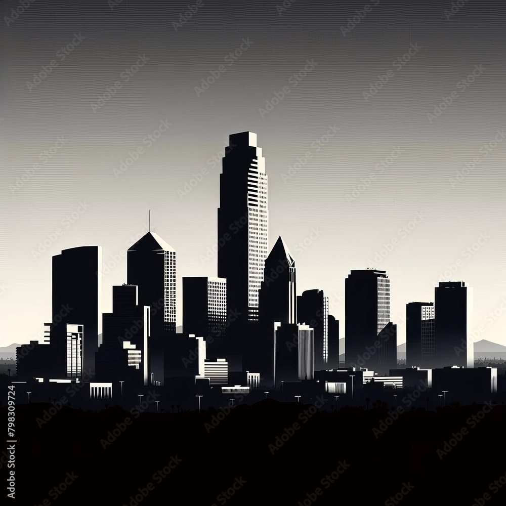 Silhouette of a modern city skyline against a twilight sky, capturing the urban architecture and the quiet end of day in a minimalist monochrome style