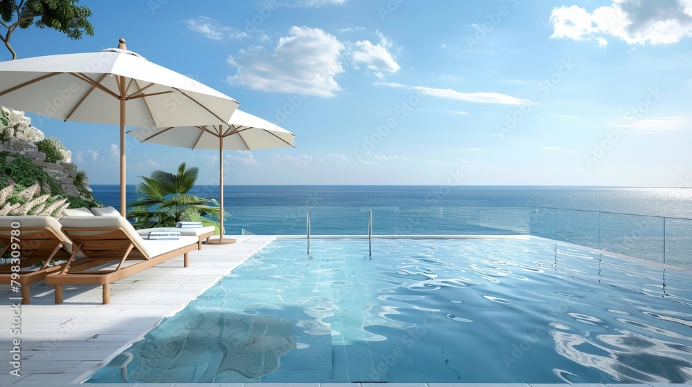 Relaxing by the pool during summer vacation, with a veranda equipped ...