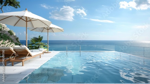 Relaxing by the pool during summer vacation, with a veranda equipped with deck chairs and an umbrella, all overlooking the ocean photo
