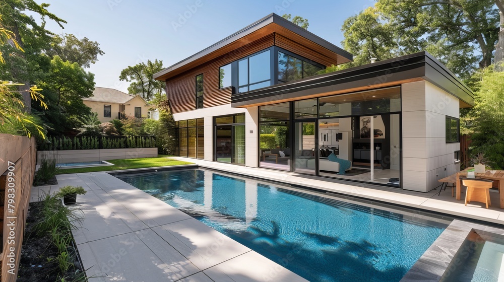 The backyard of a modern home featuring a swimming pool as a highlight of the property The backyard of a modern home featuring a swimming pool as a highlight of the property
