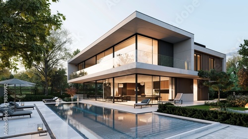 The backyard of a modern home featuring a swimming pool as a highlight of the property © Orxan