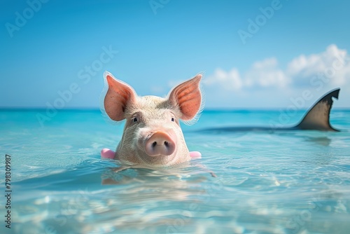 Shark Fin Threatens Pig Float in Clear Blue Sky Ocean Scene © Michael
