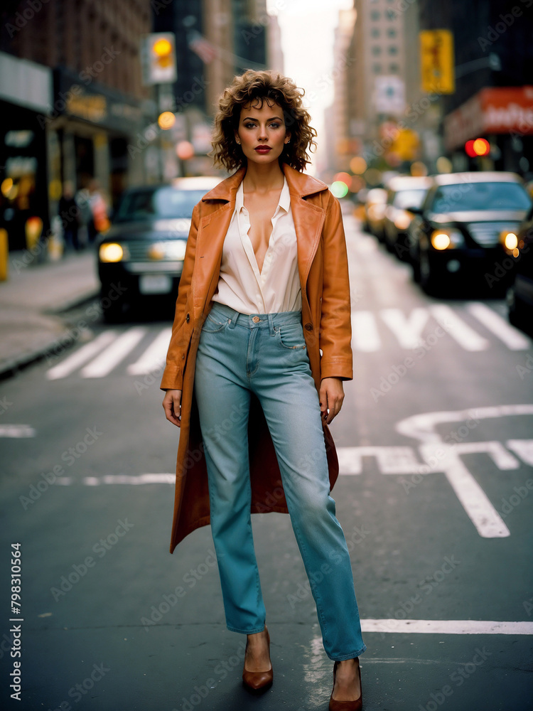 Fototapeta premium Retro Chic Fashion in NYC: Model in Leather Jacket and High-Waisted Jeans.