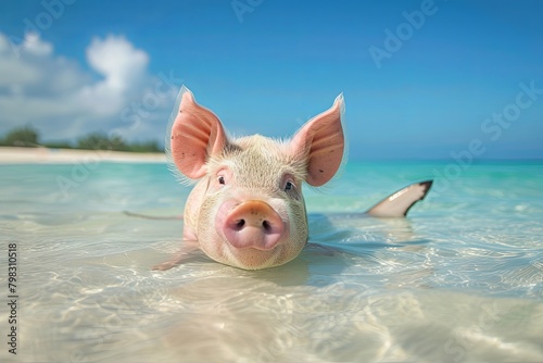 Pig Float Journey: Shark Fin Encounter in Clear Skies over the Ocean