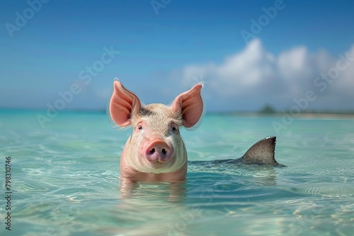 Playful Pig Float Approaching Menacing Shark Fin in Clear Sky Ocean © Michael