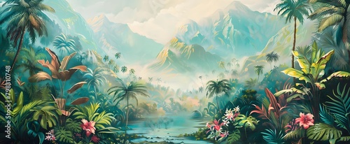 Vintage Jungle Wallpaper  Exotic Nature and Misty Mountains in Oil Painting