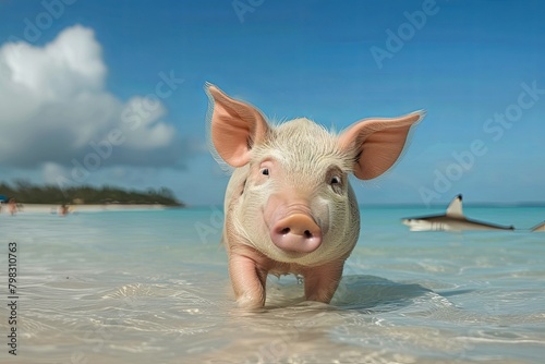 Playful Pig Amidst Clear Sky Day with Shark Fin on Water Horizon
