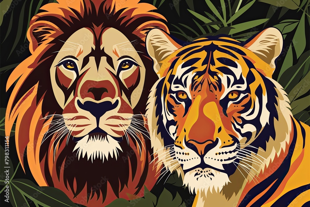 Vector Illustration: Powerful Lion and Agile Tiger - Majestic and Symbolic Predatory Feline Art