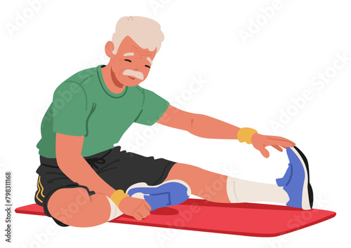 Elderly Man Sitting On A Yoga Mat, Stretching His Legs With A Happy Expression. He Gestures Towards His Knee