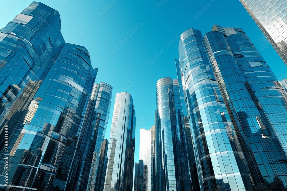 Futuristic Skyline: Reflective City Structures under Clear Blue Sky