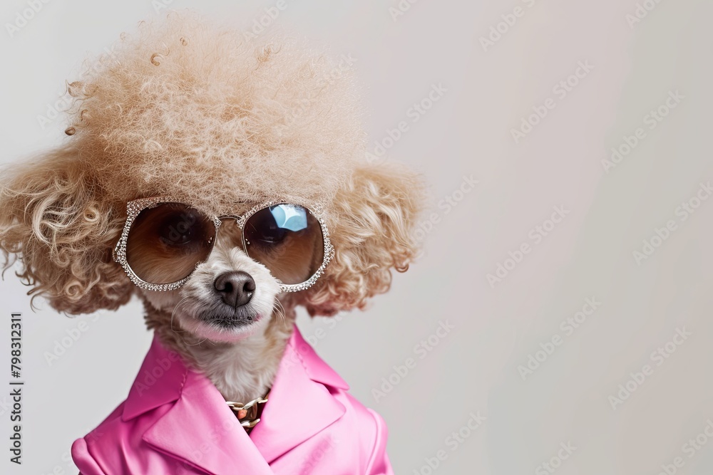 Stylish Pet: Pink Suit, Afro Wig, and Sunglasses Fun