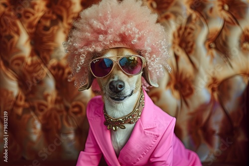 Stylish Pet in Pink Suit: Afro Wig and Sunglasses Flair