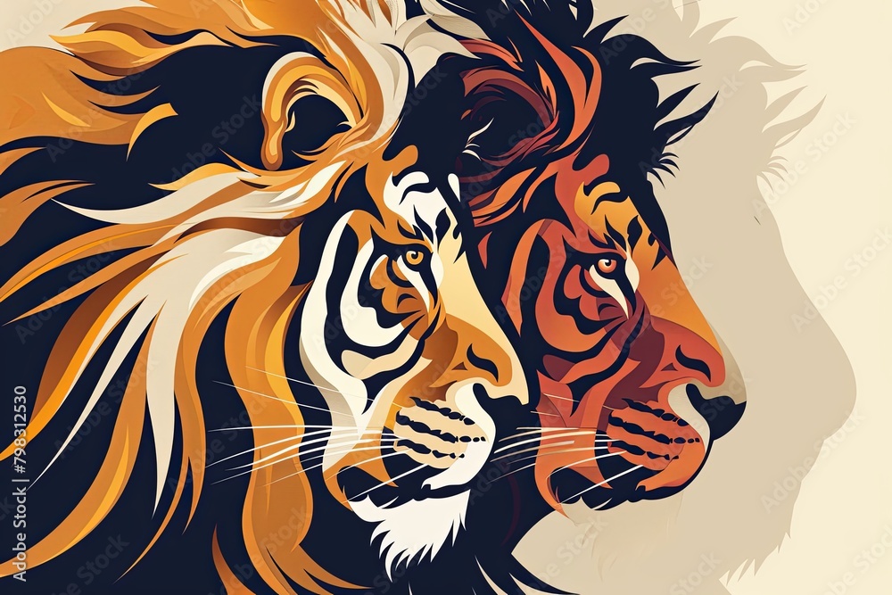 Stylized Vector Lion Mascot: Majestic Animal Logo with Tiger & Wildcat Features