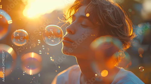 beautiful young man with white dress blowing bubble in the city photo