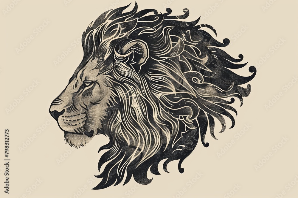 Vector Lion Head Art: Tattoo-Inspired Intricate Fur Details Encapsulating a Powerful Silhouette._ Vector Lion Head Art: Tattoo-Inspired Intricate Fur Details Encapsulating a Powerful Silhouette._