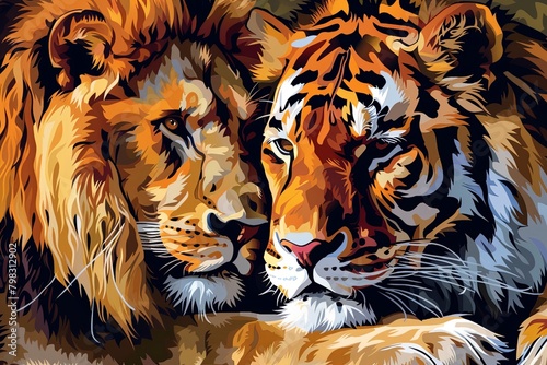 Regal Rulers of the Wild  Majestic Lions and Tigers in Artistic Vector Portrayals