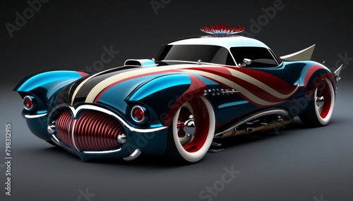 Retro-futuristic American flag themed hot rod on dark background