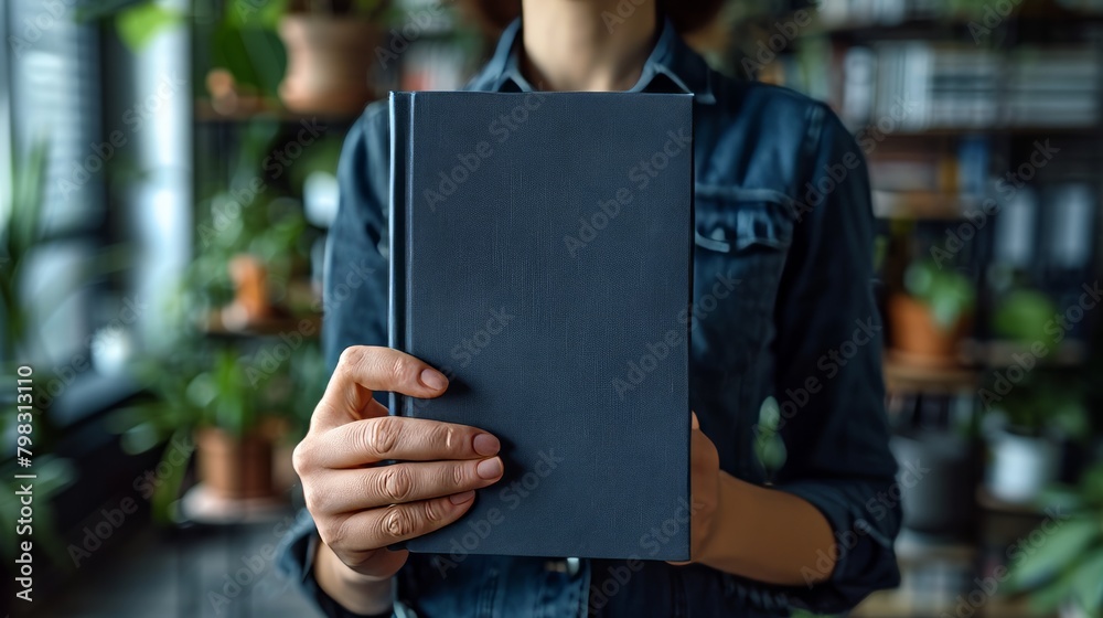 A blank navy book cover is displayed on a modern office background.