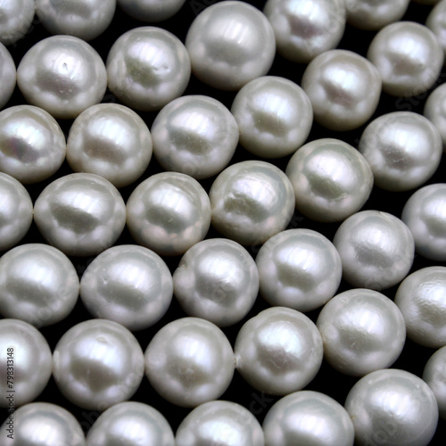 Chinese round freshwater white pearls on strands ready to become a necklace, some of the favorite materials for jewelry on black background. Lustrous nacre forms an organic gem.