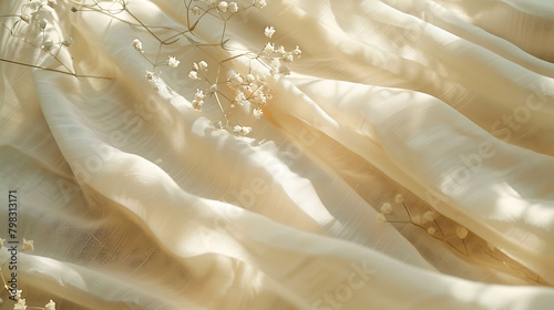 Beige linen fabric texture with folds and a natural floral sunlight shadow, aesthetic summer wedding bohemian background photo