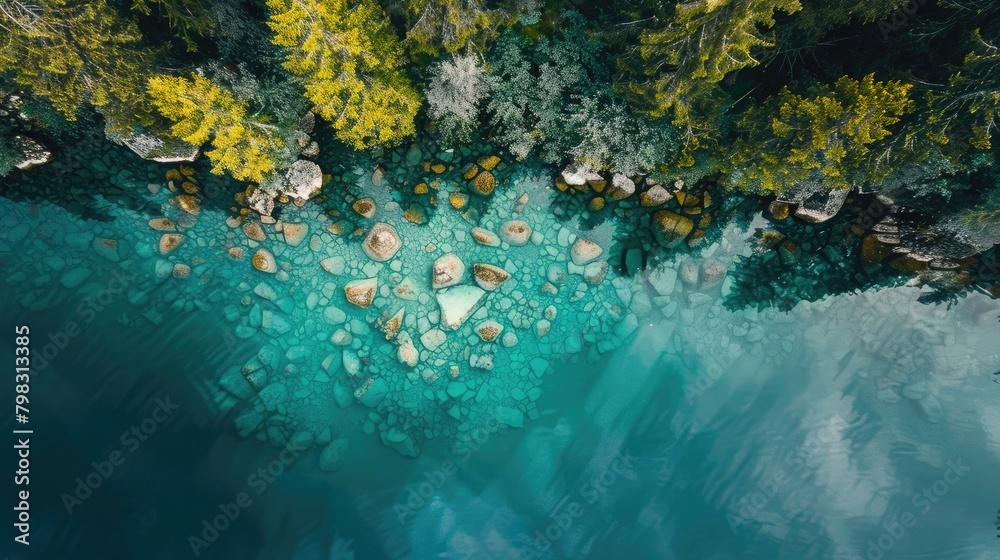 Nature Photography, From the sky looking down 10 feet from above the water, Shallow calm clear water over rocky lake bed