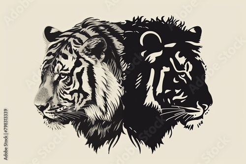Black & White Tiger and Lion Wildcat Mammal Vector Logo Illustration