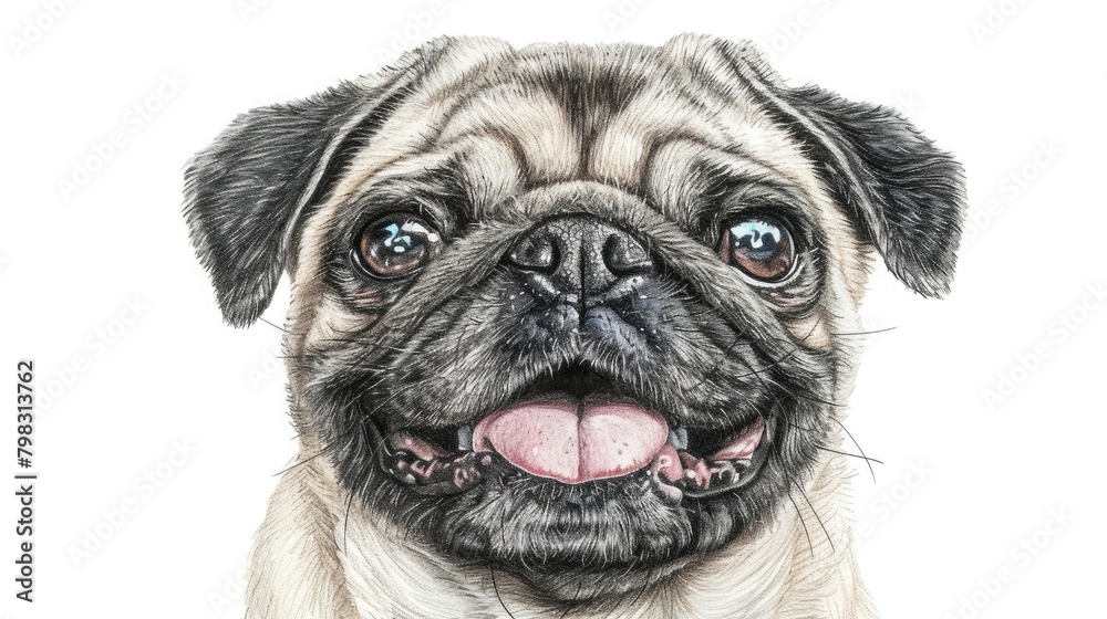 llustrate an exact front-facing close-up of a smiling Pug's head only, depicted in a colored pencil sketch style against a white background. Capture the dog's 
