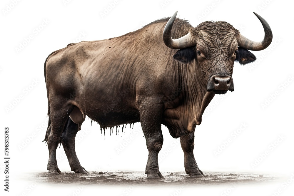 A large brown bull with horns stands in a muddy field A large brown bull with horns stands in a muddy field