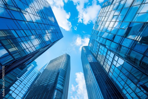 Sky-high Urban Reflections: Futuristic Skyscrapers Piercing the Blue Sky