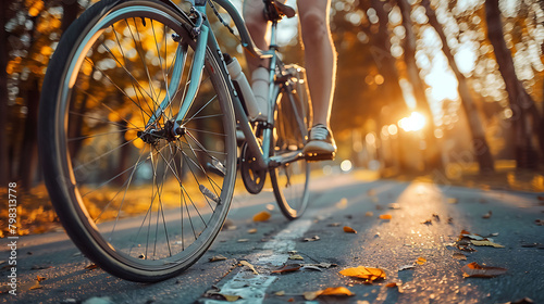 Bicycle, closeup and feet of casual cyclist travel on a bike in a park outdoors in nature for a ride or commuting, Exercise, wellness and lifestyle student cycling as sustainable transport photo