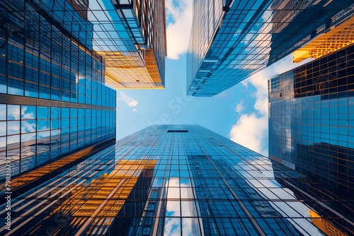 Sky-high Reflections: Urban Skyscrapers Touching Blue Horizon