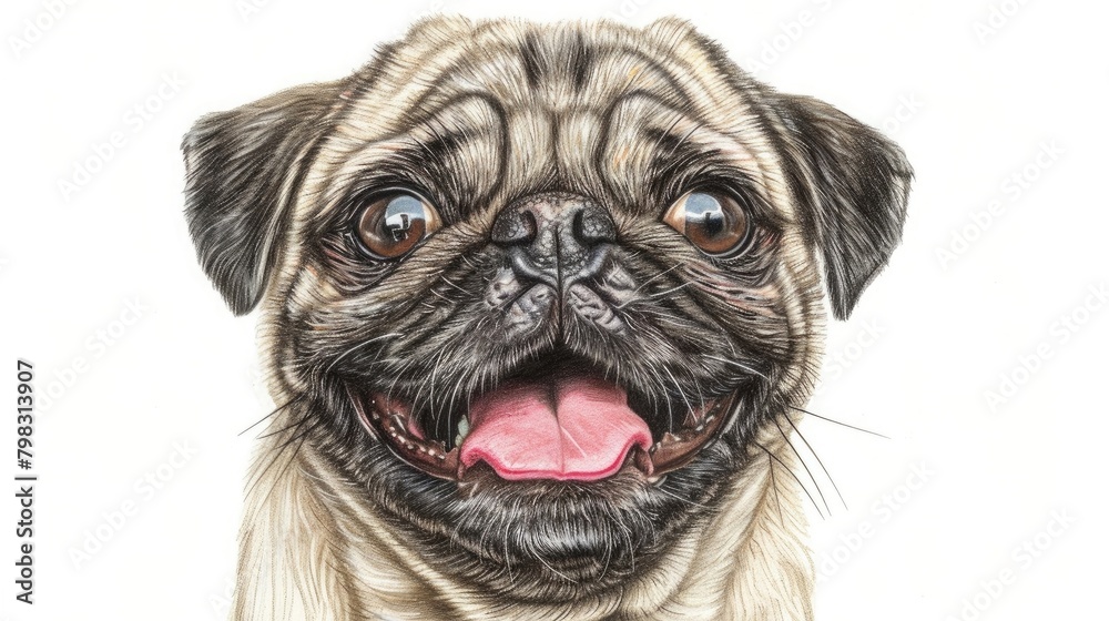 llustrate an exact front-facing close-up of a smiling Pug's head only, depicted in a colored pencil sketch 