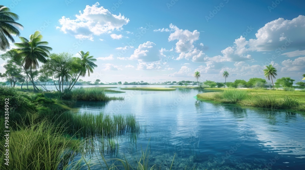 Tranquil Coastal Lagoon A Soothing D Rendered Nature Panorama