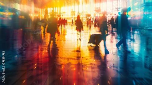 Hazy silhouettes of people and luggage blend together in a blur of colors against the defocused lights and architectural lines of an airport terminal capturing the busy energy of travelers . © Justlight