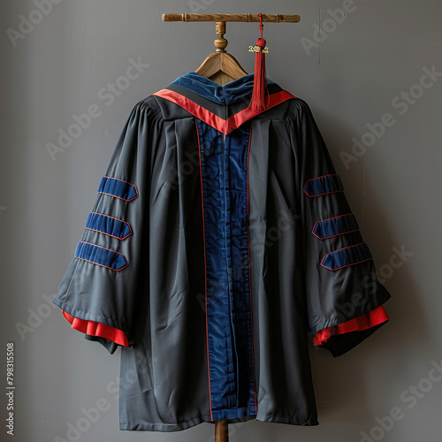 A black graduation robe with red trim hangs on a wooden hanger