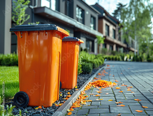 Two orange trash cans are on the sidewalk next to a brick walkway photo