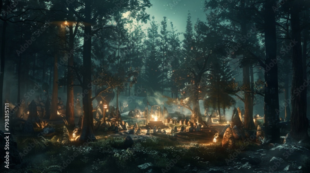 An eerie forest glade where a gathering of witches and warlocks are gathered around a bubbling cauldron eagerly awaiting the brew . . An eerie forest glade where a gathering of witches and warlocks are gathered around a bubbling cauldron eagerly awaiting the brew . .