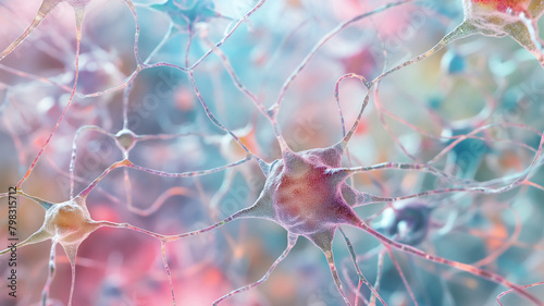 Neuronal network with synapses, neural connections in a multicolored abstract background.