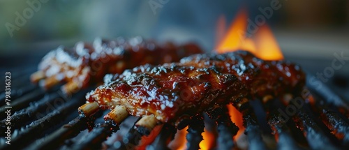 Grilling pork ribs on barbecue grill with flames, close-up. BBQ with Copy Space. 