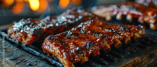 Grilled spare ribs on a barbecue grill with flames in the background. BBQ with Copy Space. 