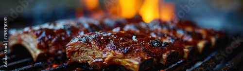 Grilled pork ribs on a barbecue grill. Selective focus. BBQ with Copy Space.  photo