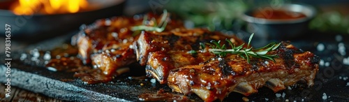 Close up of grilled pork ribs with rosemary and soy sauce. BBQ with Copy Space. 
