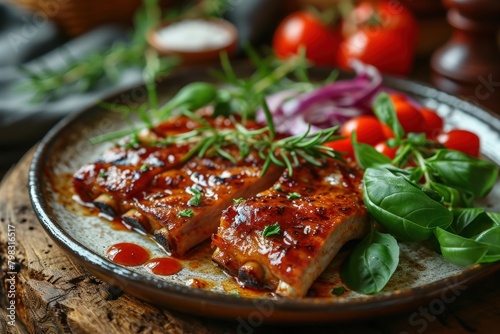 Baked pork ribs with herbs and tomatoes on a wooden background. BBQ with Copy Space. 
