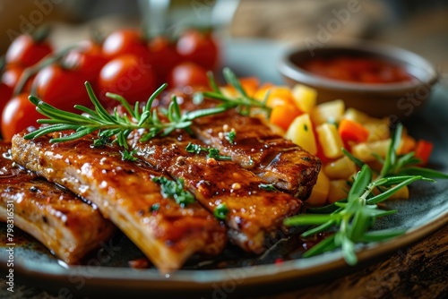 Grilled pork ribs with vegetables and sauce on a wooden background. BBQ with Copy Space. 